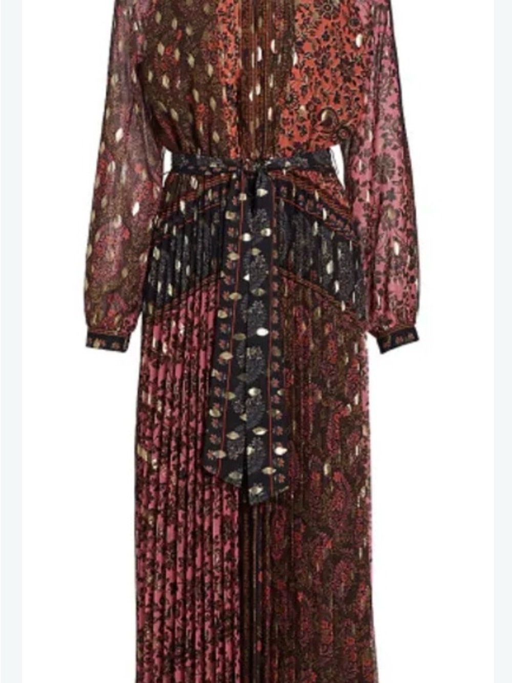 Elie Tahari Burgundy and Pink Printed Pleated Maxi Dress